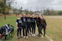 Frisbee practice in the mud, October 2019: (left to right) Anna Sivinski '22, Freya Wiedemann '23, Ashley Wilhelm '22, Audrey Benson '23, Emma Hartmann '22, and Aimee Teplitskiy '22. Submitted by Audrey Benson '23.