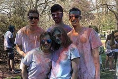 Celebrating the 2019 Holi Festival on the front lawn of the University Center with friends Maybeck McCann '21, Dan Lindenmuth '16, Elizabeth Drobiz '21, and Mary Grabowski '21. Photo submitted by Dalton Jannie '21.